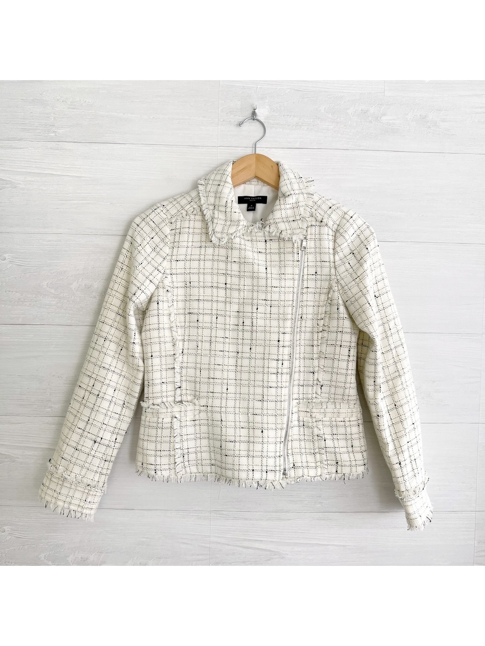 Ann Taylor Petite 2P Cream Black Tweed Fringe Moto Jacket Asym Zip Blazer